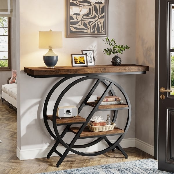 Console Table Circular Metal Frame Tiered Staggered Shelves