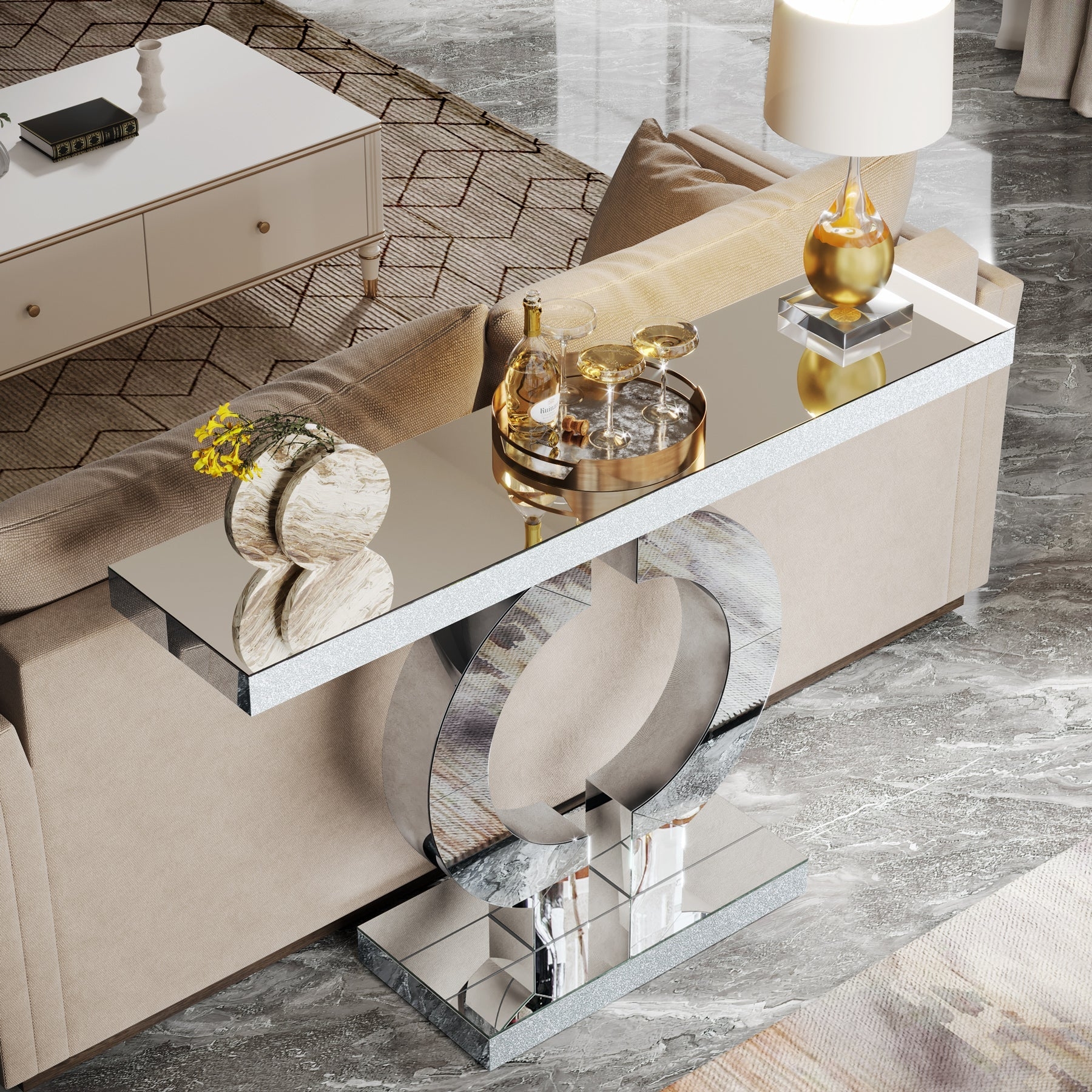 Console Table: Crystalline Glitter Trim Silver Sofa Table