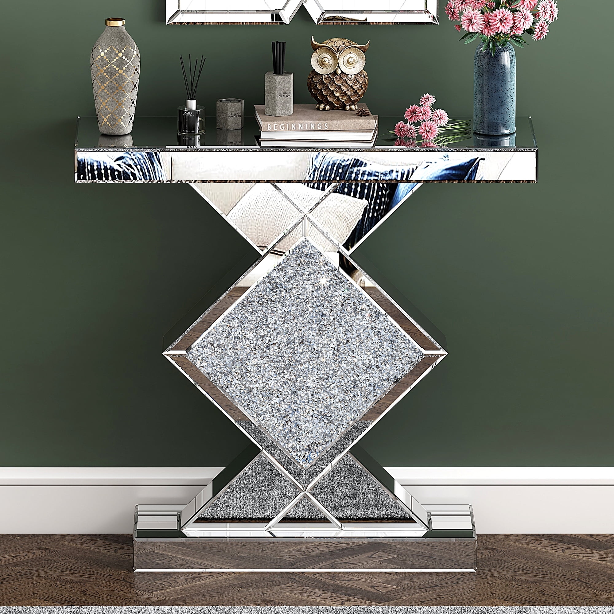 Console Table: Diamond Inlay Crushed Crystal Chrome Table