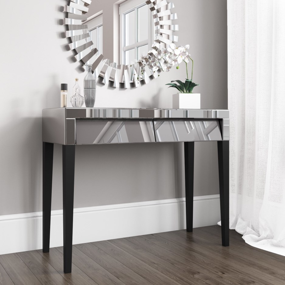 Console Table: Faceted Mirror Frame Mirrored Drawers Desk