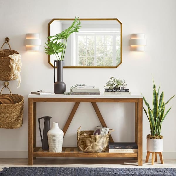 Console Table Faux Marble Top Slatted Storage Walnut Brown