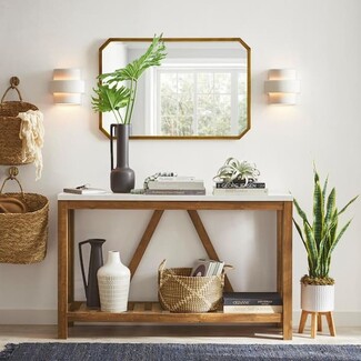 Console Table Faux Marble Top Slatted Storage Walnut Brown