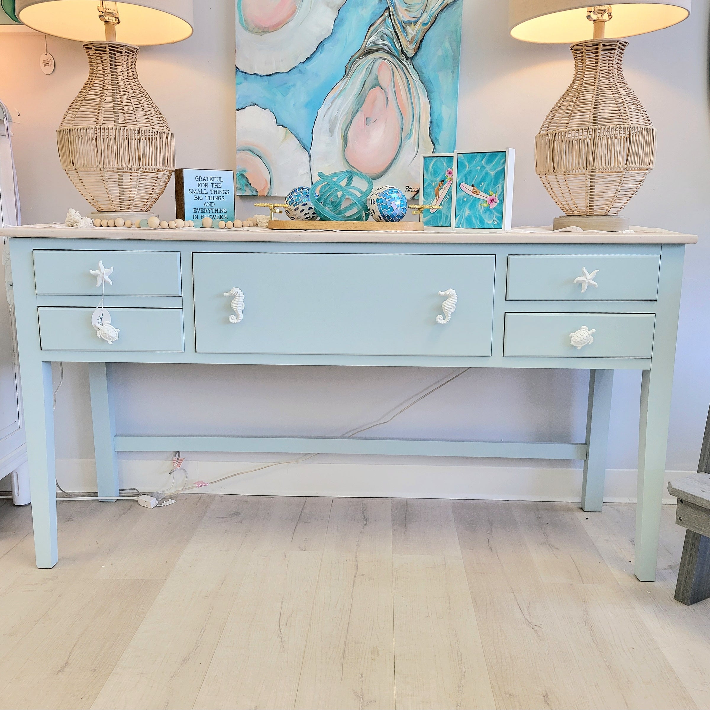 Console Table featuring Nautical Seahorse Knobs in Seafoam