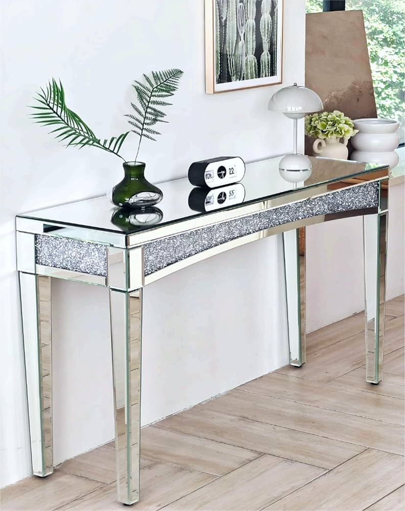 Console Table: Full Mirror Finish Tapered Mirrored Legs Desk