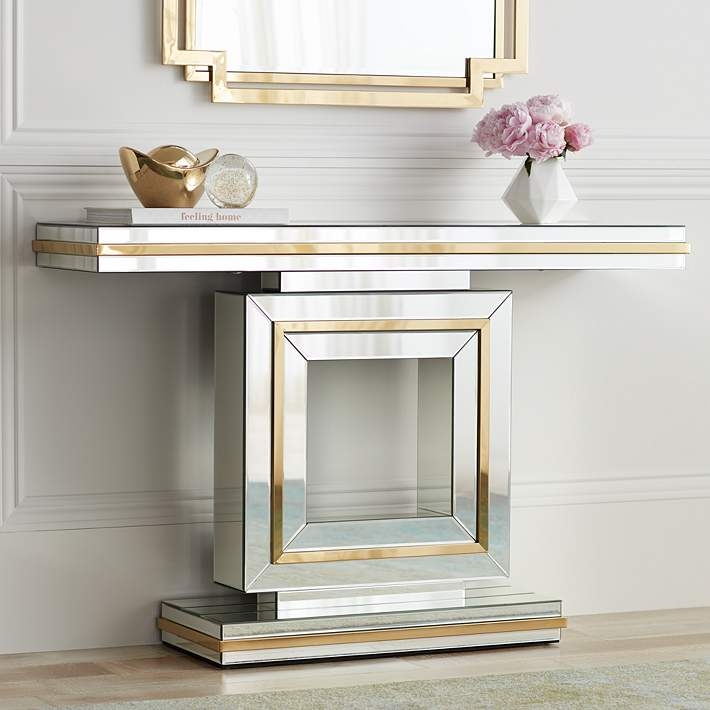 Console Table: Gold Trim Square Cutout Mirrored Pedestal
