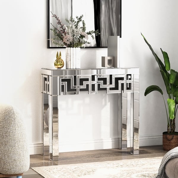 Console Table: Greek Key Apron Silver Mirrored Hall Table