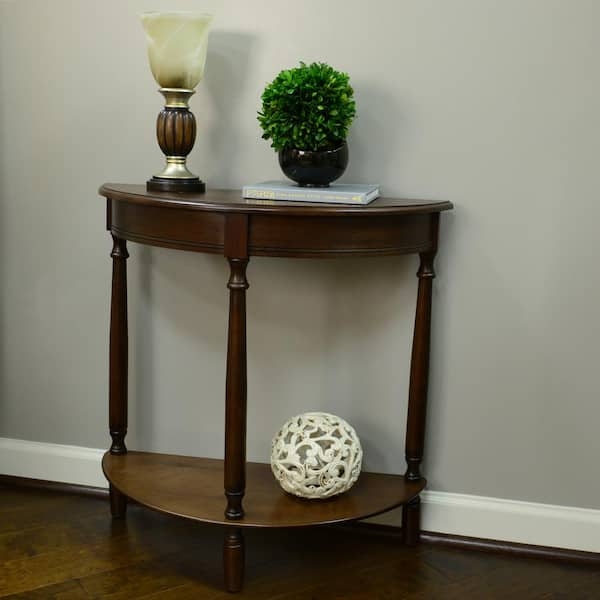 Console Table Half Round Top Tiered Walnut Wood Storage