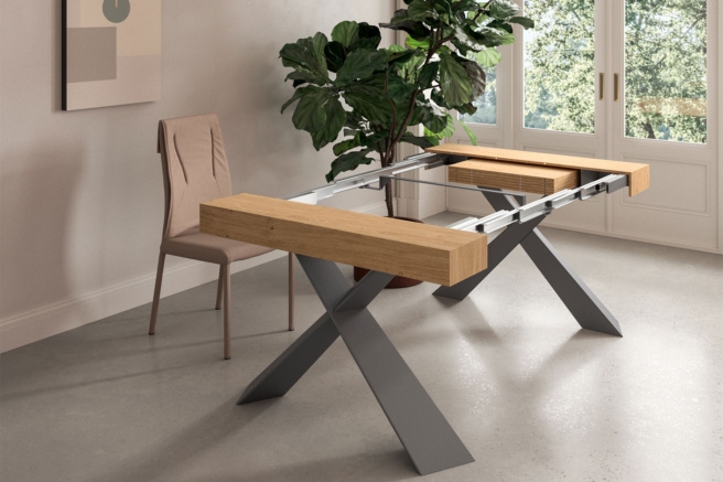Console Table: Honey Oak Top and Industrial Metal X-Base