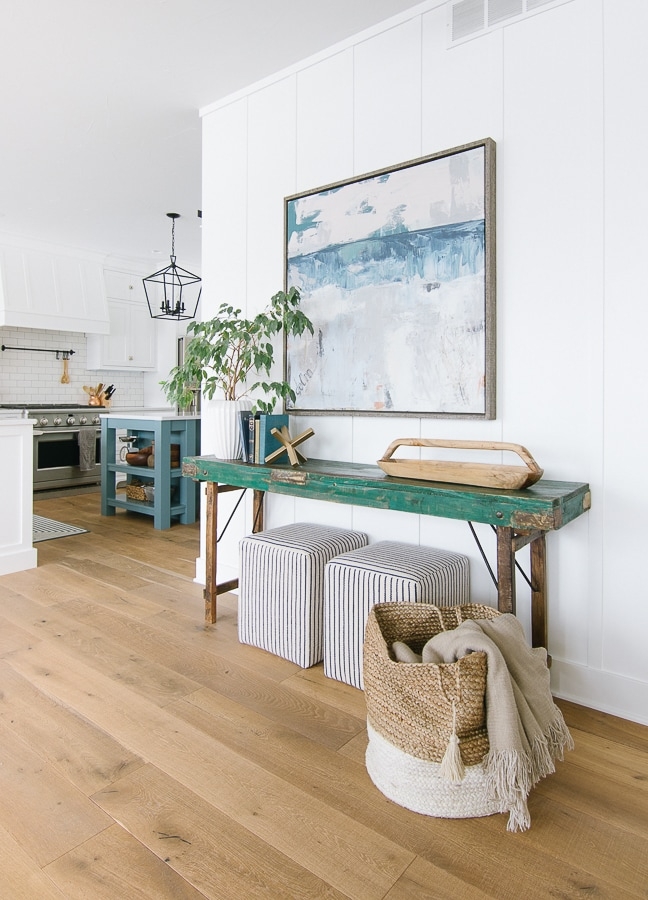 Console Table in Distressed Green and Striped Ottoman Look