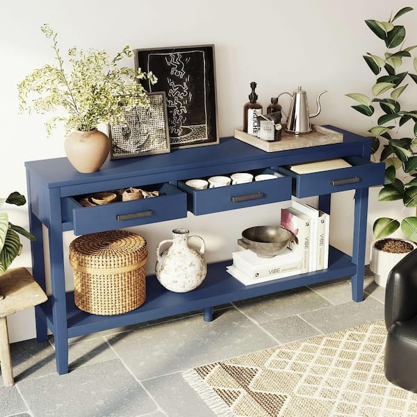 Console Table in Navy Blue Finish and Three Drawer Storage
