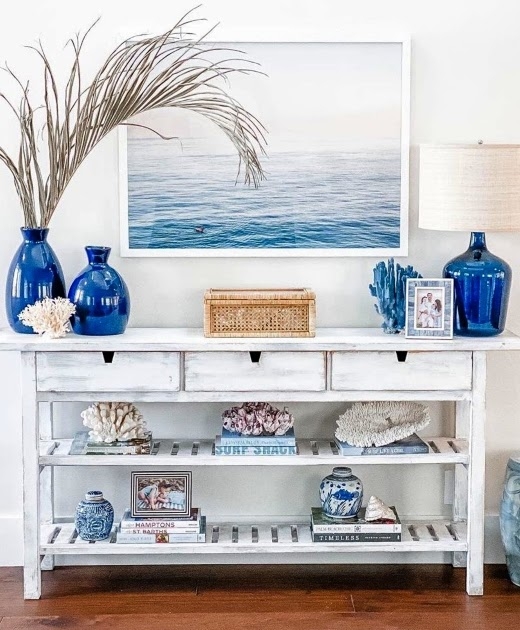 Console Table in Whitewashed Wood with Open Shelf Arrangement
