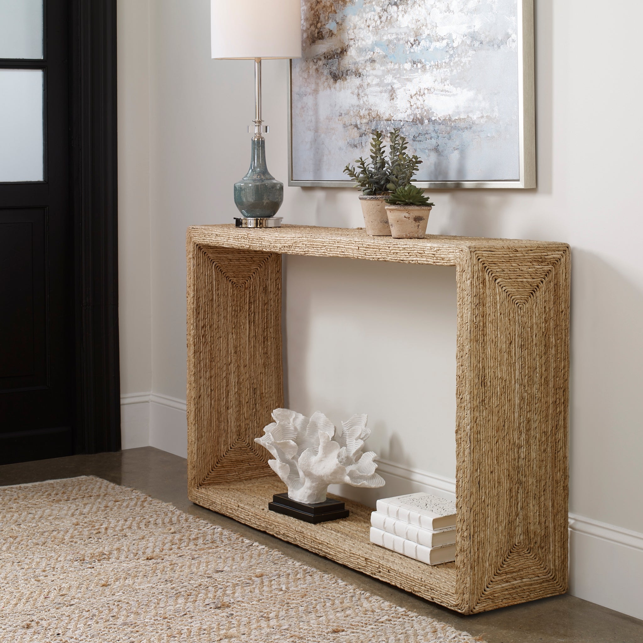 Console Table in Woven Rope Fiber for Coastal Entryways