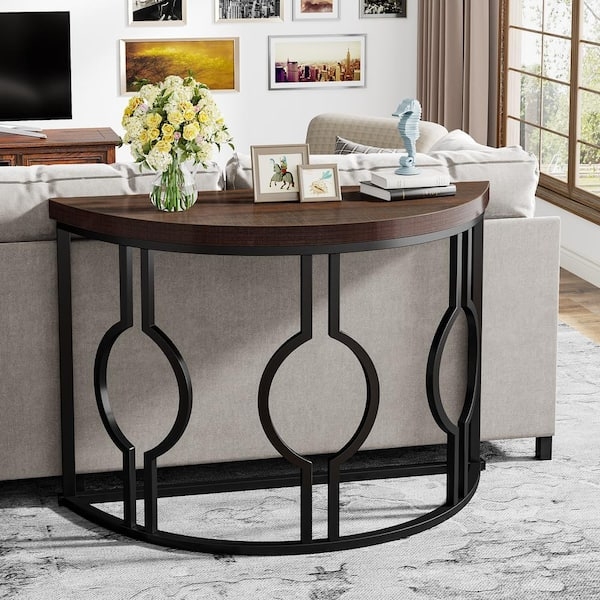 Console Table Industrial Circle Base Half Moon Brown Wood