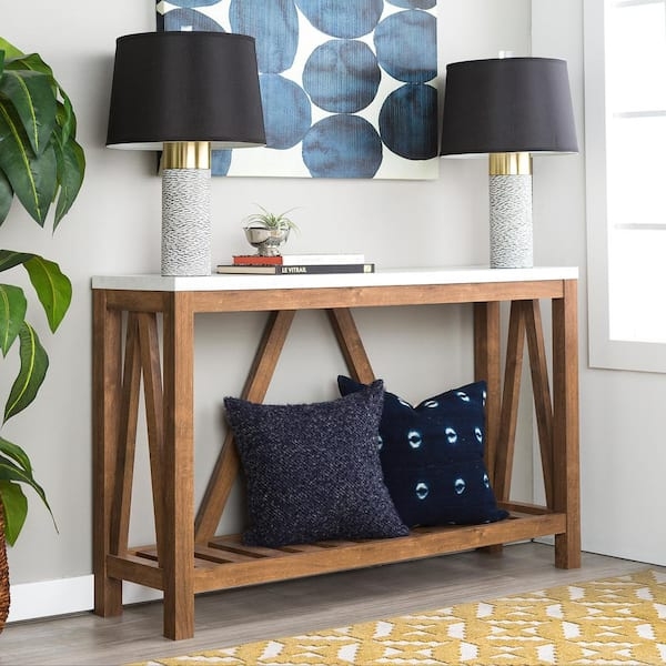 Console Table Marble Veneer Top Slatted Shelf A-Frame Legs