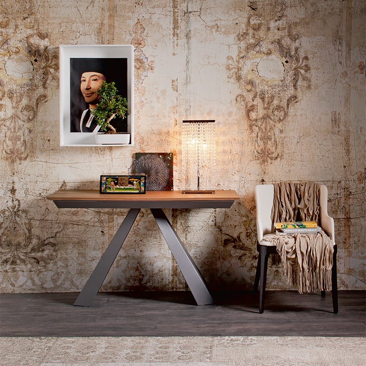 Console Table: Medium Brown Wood and Angular Trestle Base