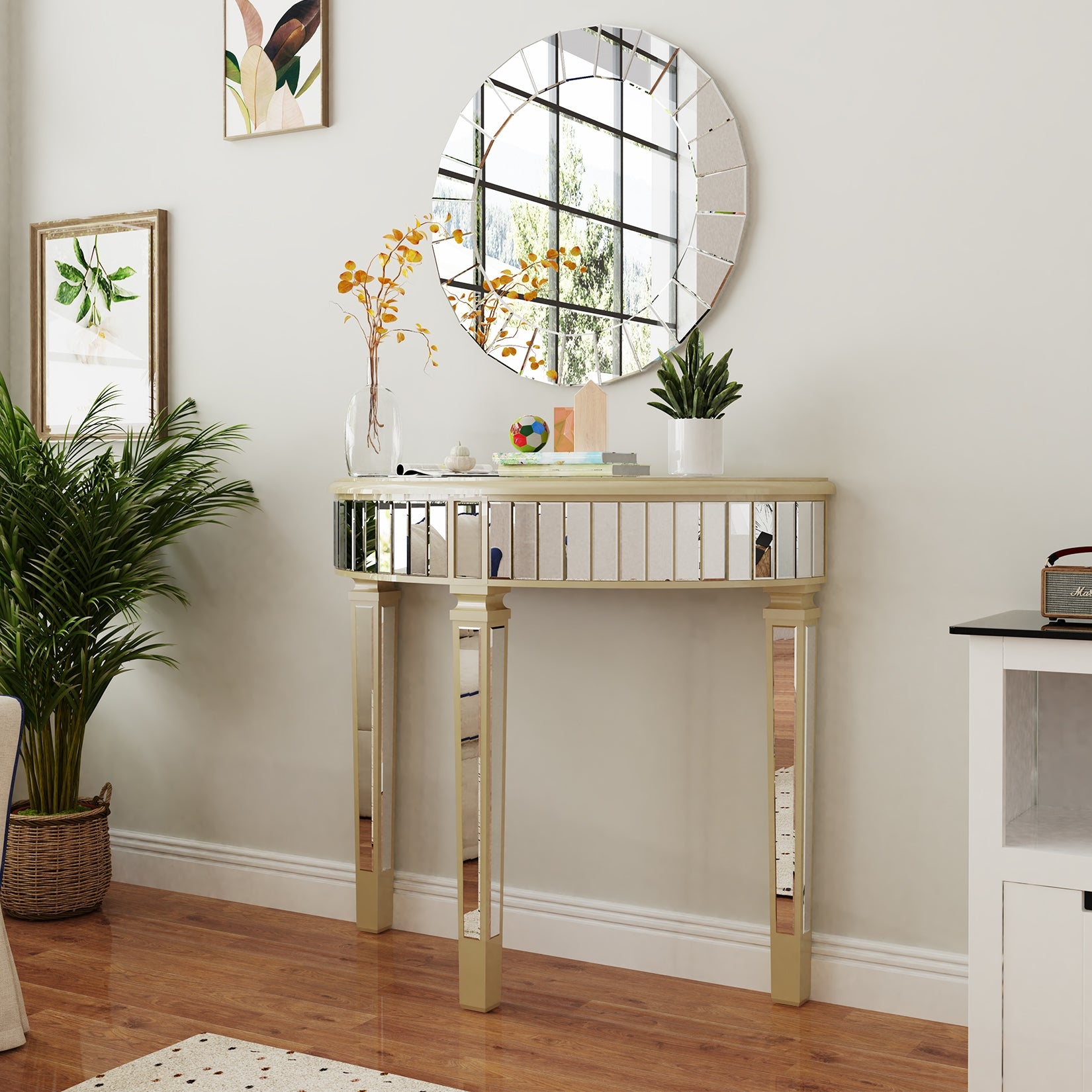 Console Table: Mirrored Slat Apron Champagne Gold Demilune