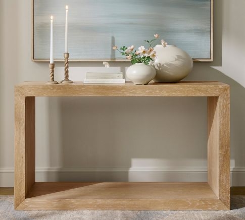 Console Table Mitered Corners Natural Wood Thick Profile Desk