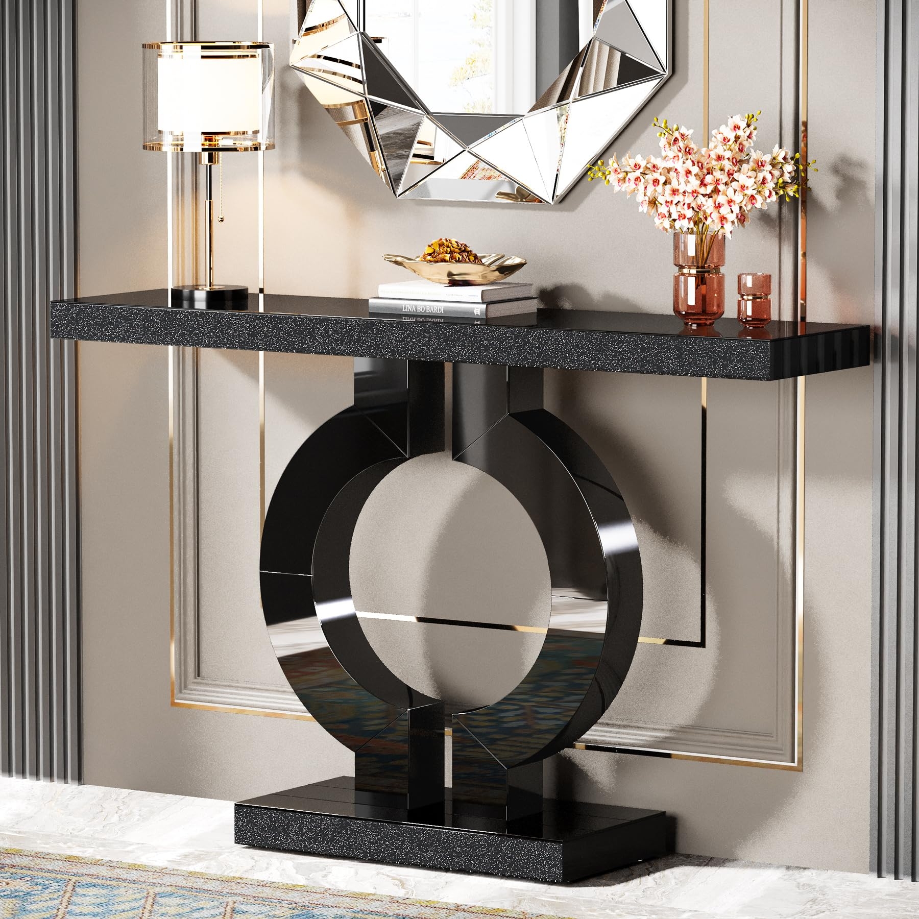 Console Table: Modern Black O-Shaped Shimmer Entryway Table