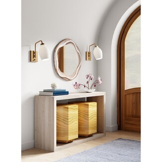 Console Table Open Frame Faceted Pedestals Wavy Wood Grain