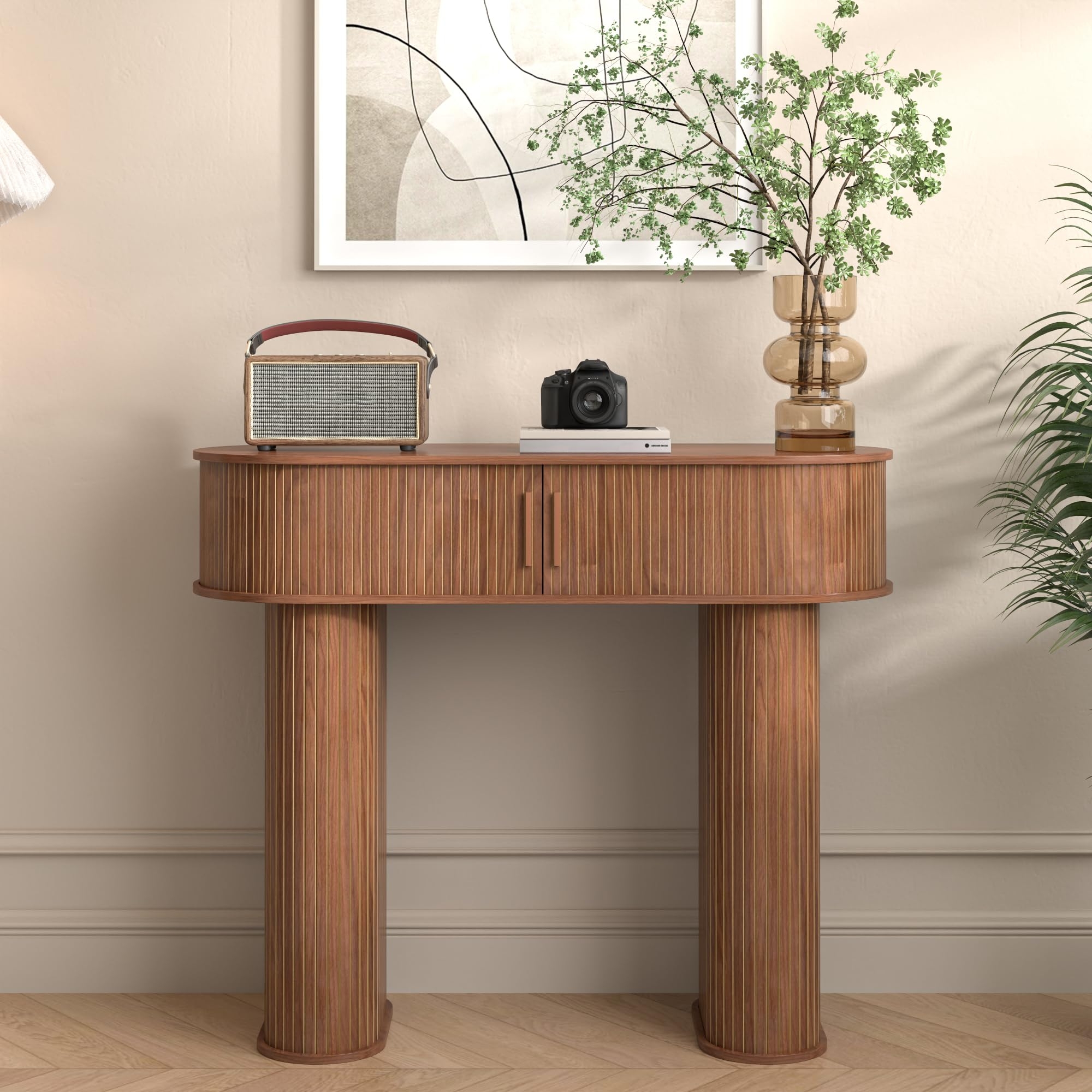Console Table Pill Shape Body Fluted Walnut Tambour Slats