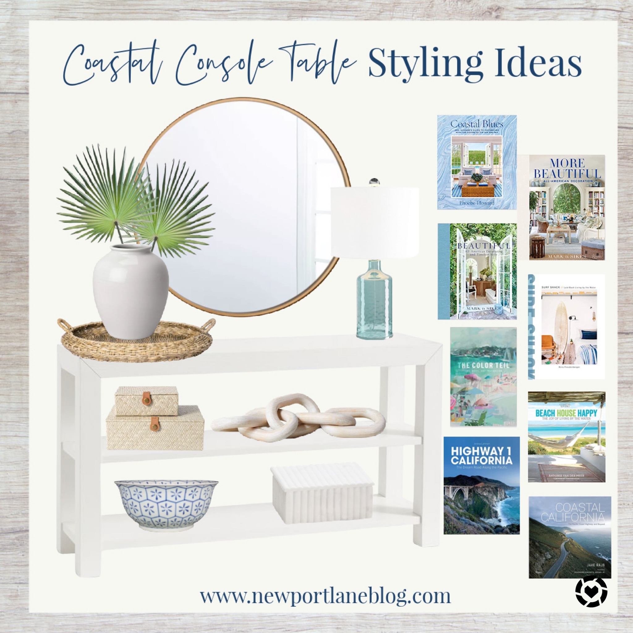 Console Table providing Three Tier Shelf and Blue Glass Lamp Set