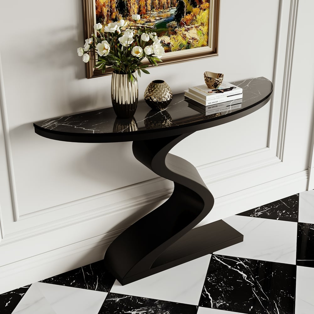 Console Table S-Shaped Base Half Moon Black Sintered Stone