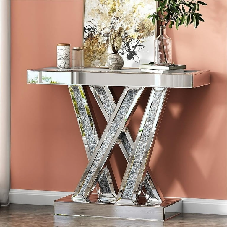 Console Table: Sculptural X-Frame Base Crushed Crystal Desk