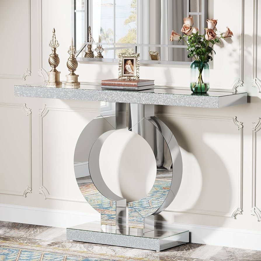 Console Table: Silver O-Shaped Base Crushed Diamond Foyer Table