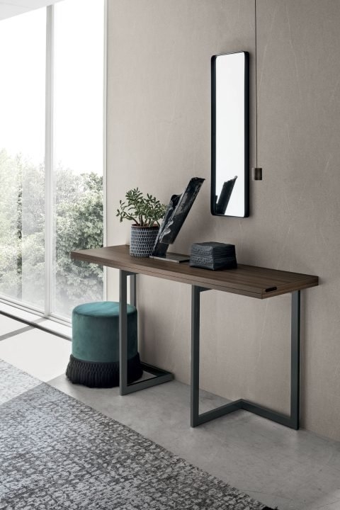 Console Table: Slim Walnut Top and Angular Metal Frame