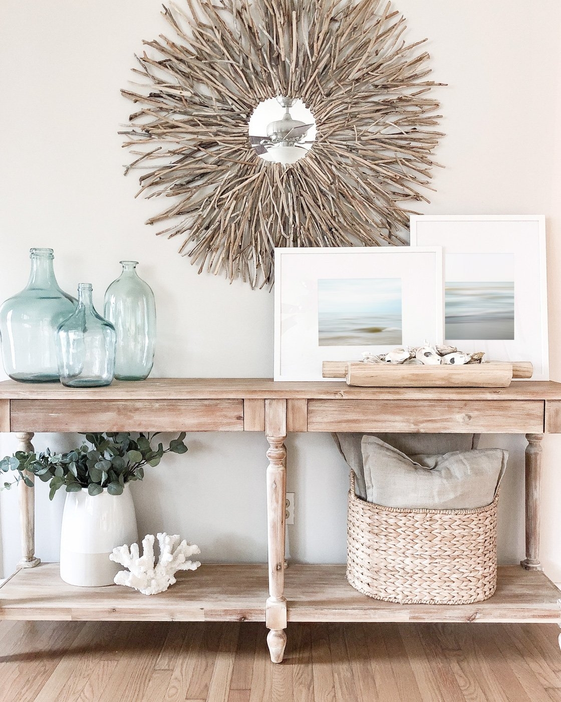 Console Table Styled with a Driftwood Sunburst Mirror
