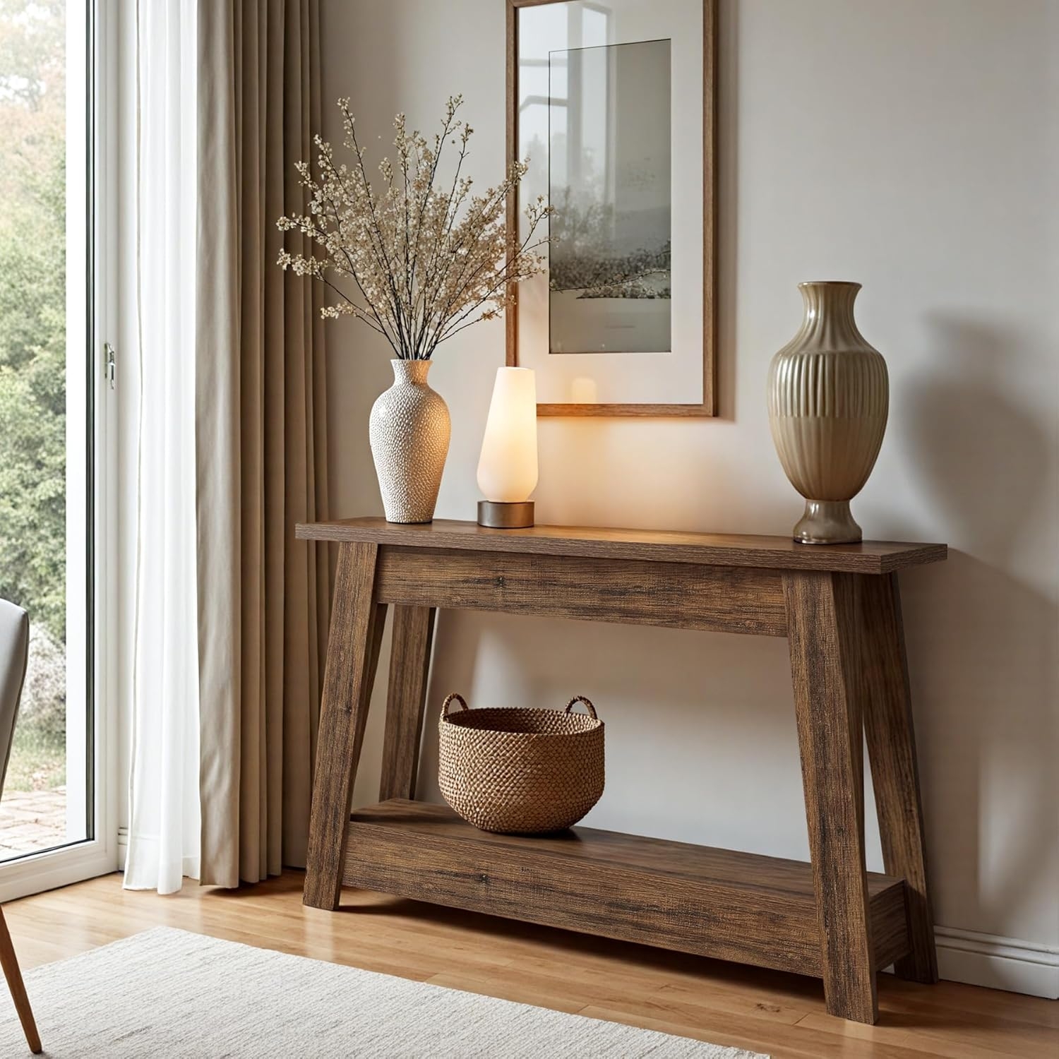 Console Table Textured Grain A-Frame Design Two Tier Shelf