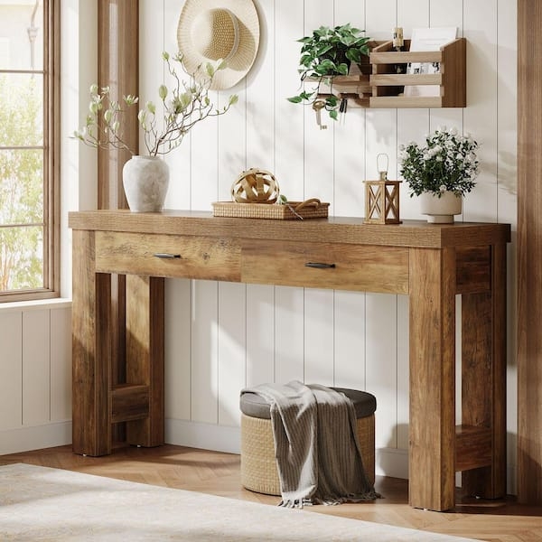 Console Table Thick Block Legs Distressed Wood Honey Brown
