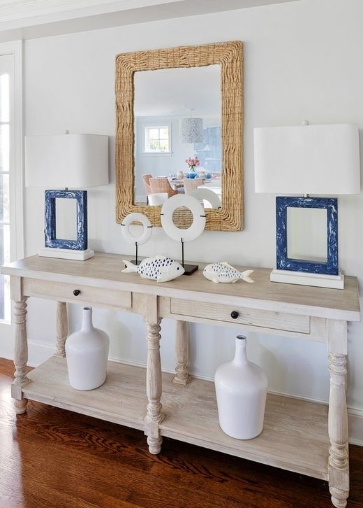Console Table using Whitewashed Wood and Woven Rope Mirror Piece