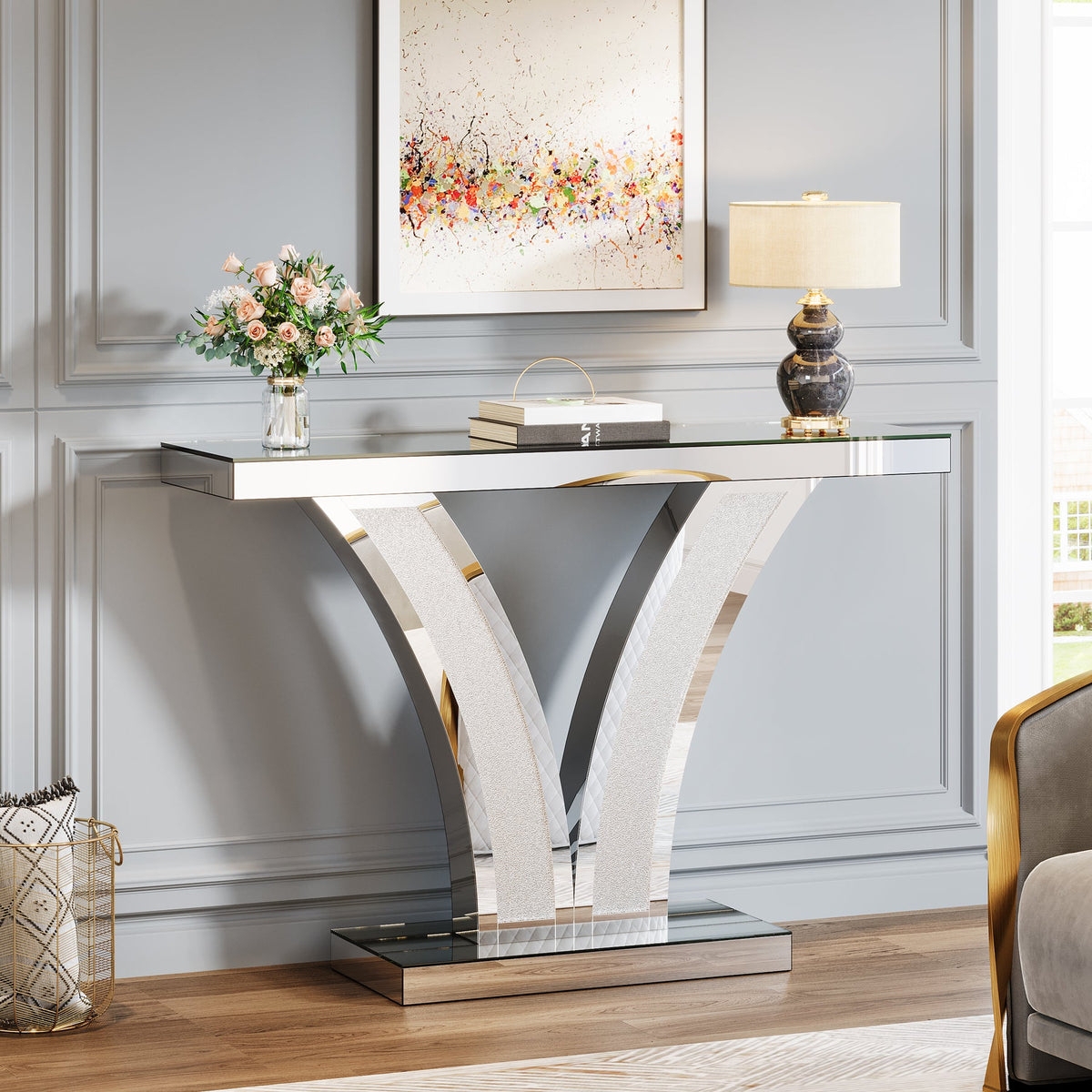 Console Table: V-Shaped Base Textured Inlay Silver Hall Table