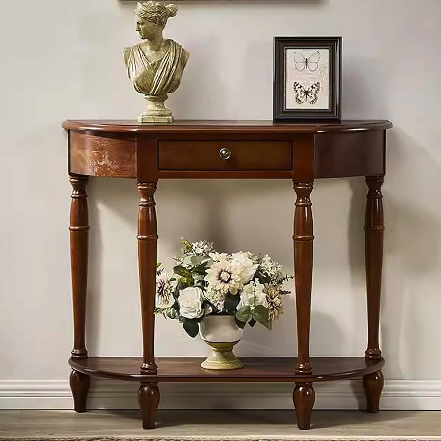 Console Table Walnut Finish Half Moon Turned Leg Traditional