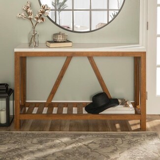 Console Table Walnut Marble White Top A-Frame Bracing Design