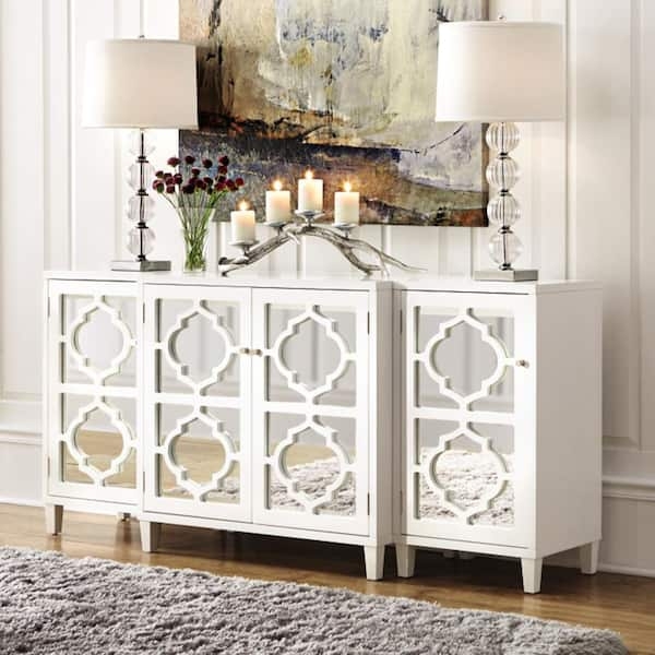 Console Table: White Quatrefoil Overlay Four Door Cabinet