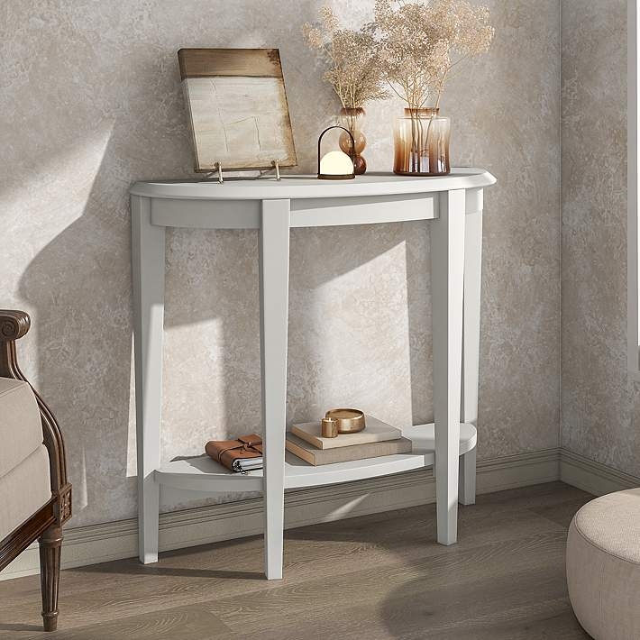Console Table White Wood Half Round Lower Storage Shelf