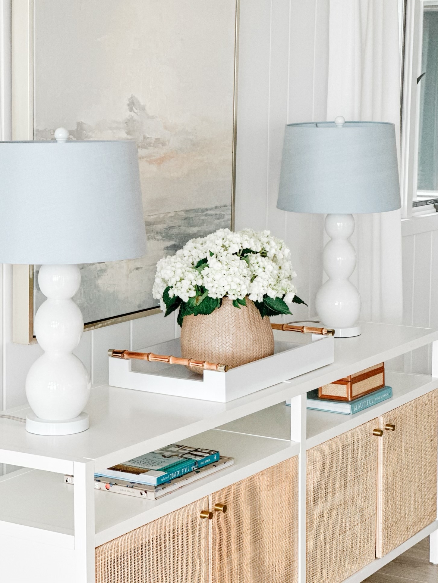 Console Table with Cane Door Fronts and Bubble Lamps