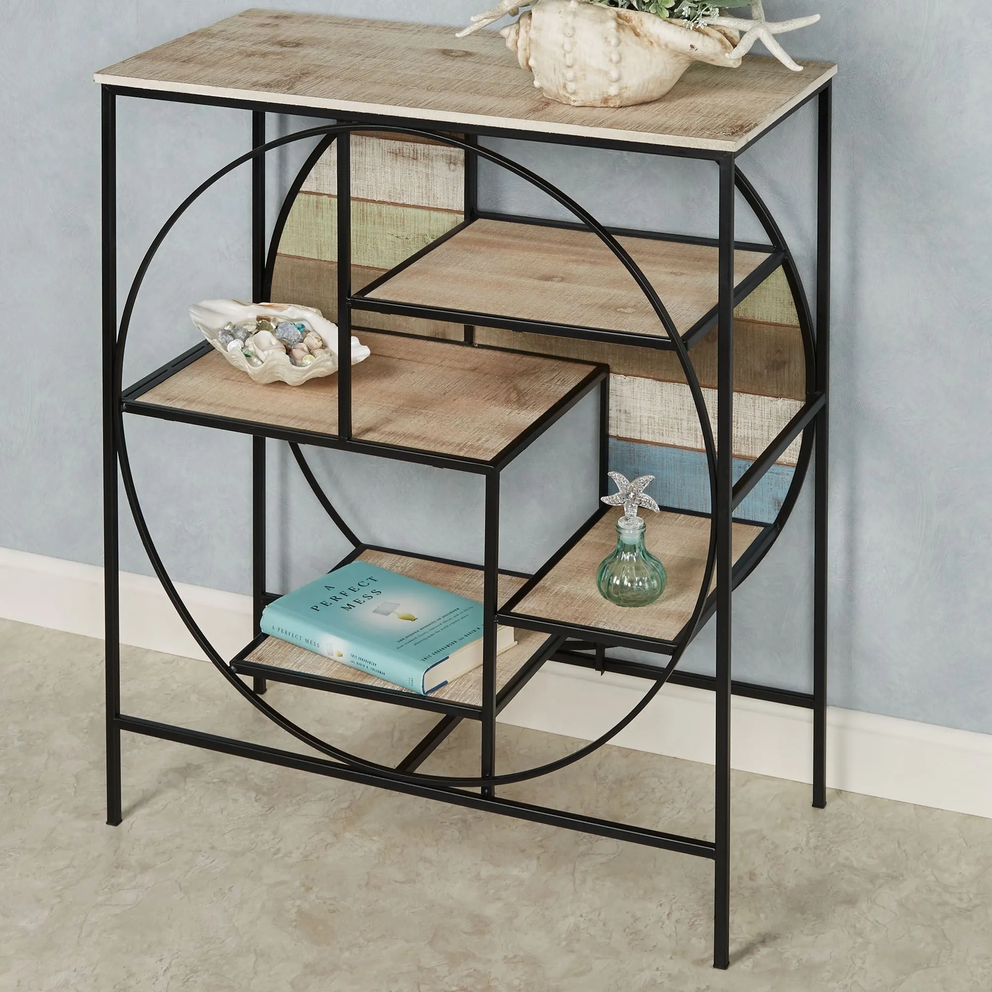 Console Table with Circular Frame and Staggered Shelves