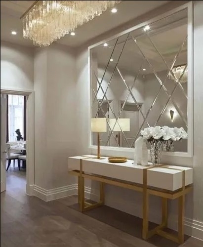 Console Table with Gold Trestle Base and Mirrored Paneling