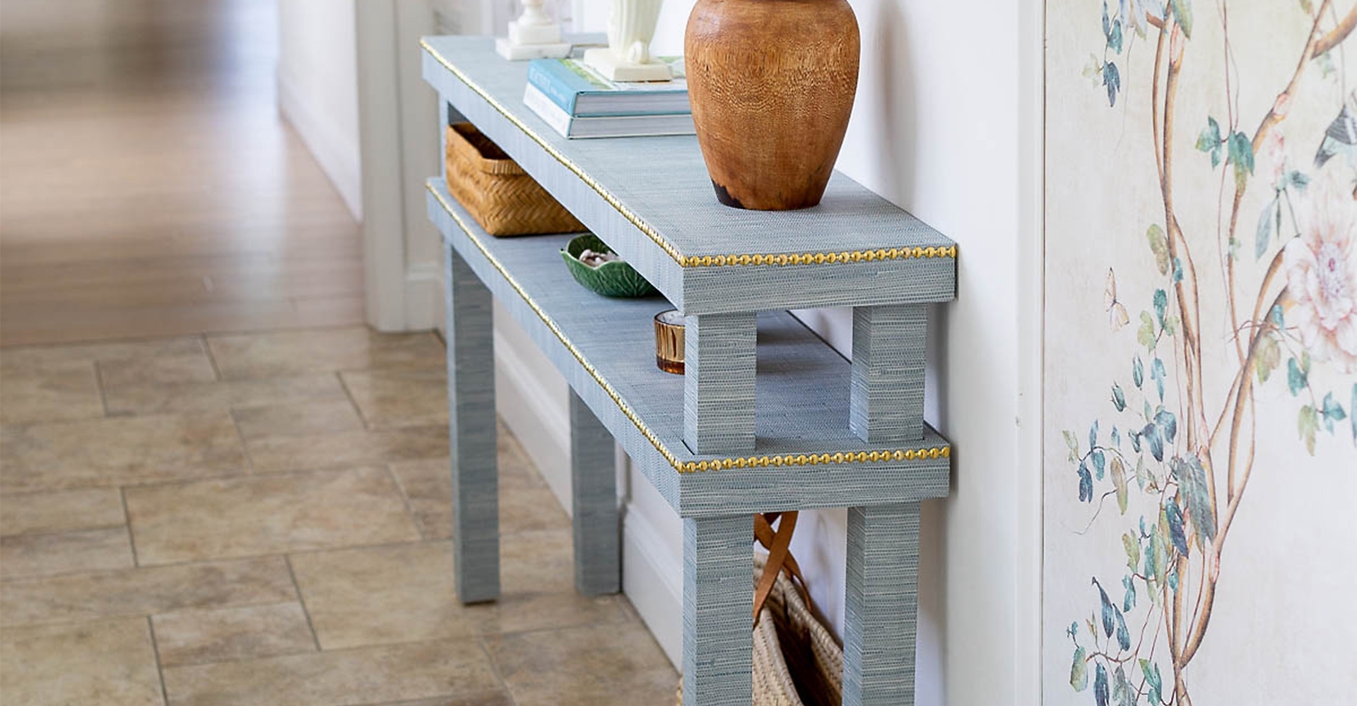 Console Table with Grasscloth Texture and Blue and Gold Styling