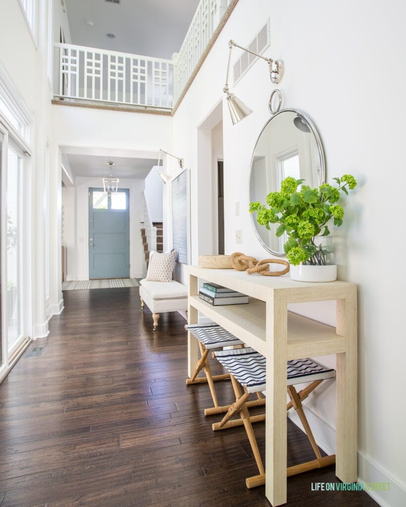 Console Table with Tiered Design and Modern Coastal Hallway Decor