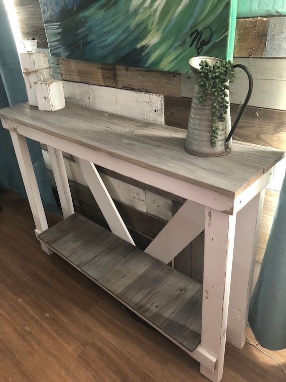 Console Table with X-Brace Base and Weathered Gray Top