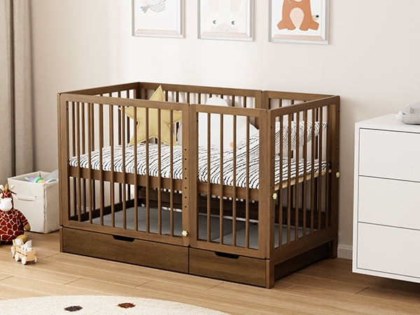 Convertible Crib Honey Wood 8-in-1 Design Integrated Drawers