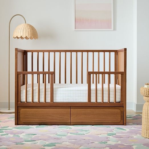 Convertible Crib Walnut Finish Integrated Storage Bed Conversion