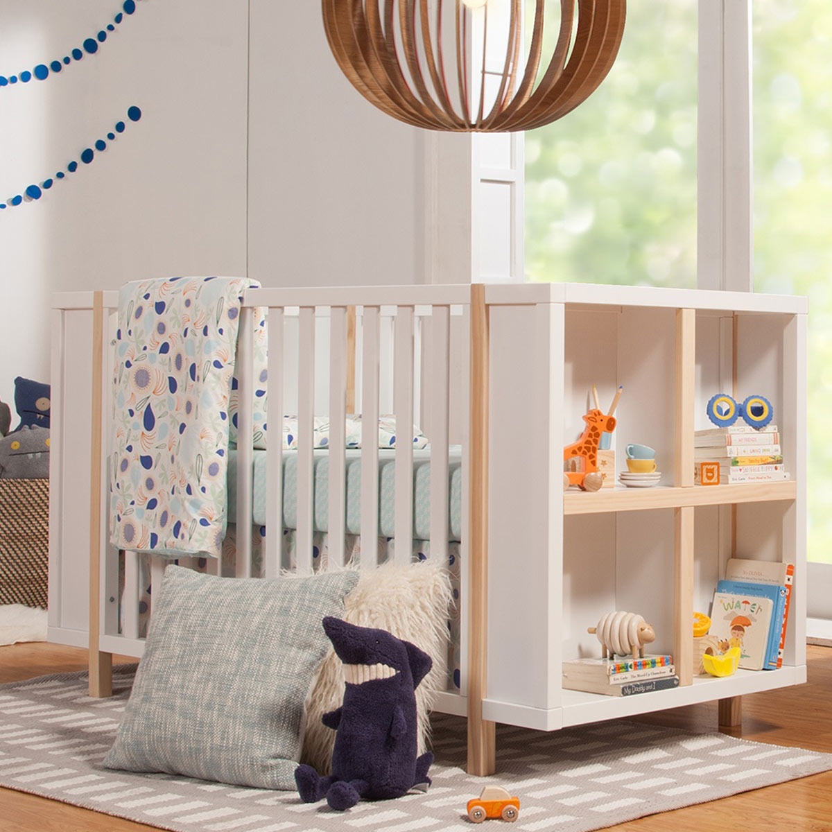 Convertible Crib Washed Natural Wood Cubby Shelving Modern Design