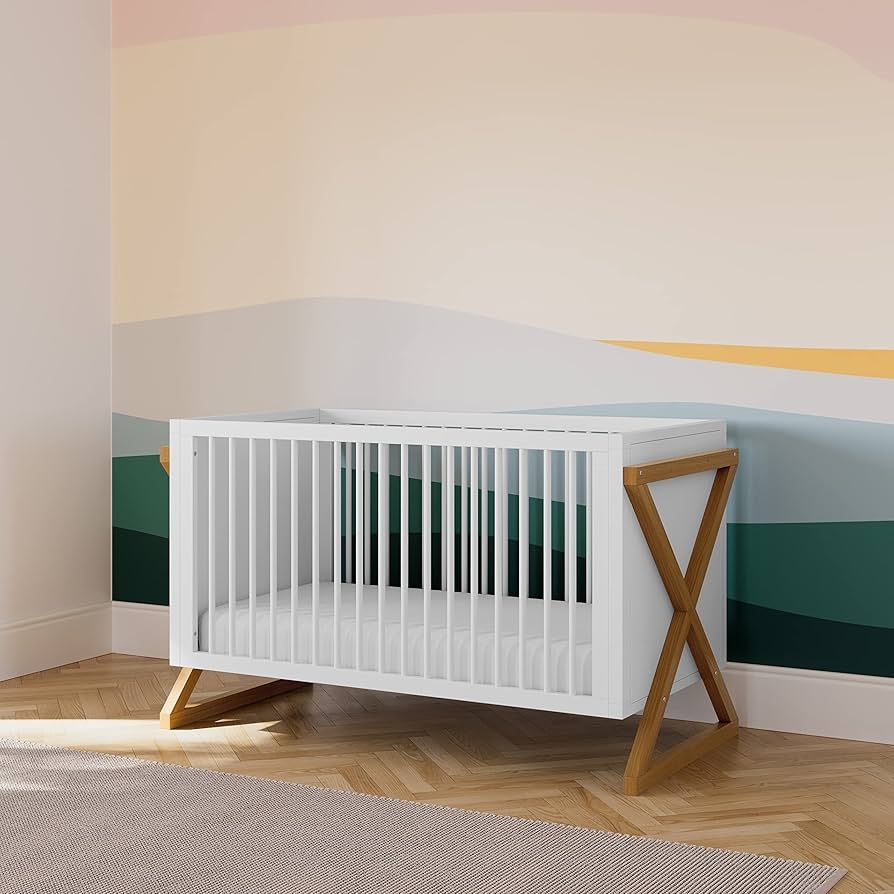 Convertible Crib X-Frame Legs with Two Tone Design White Slat