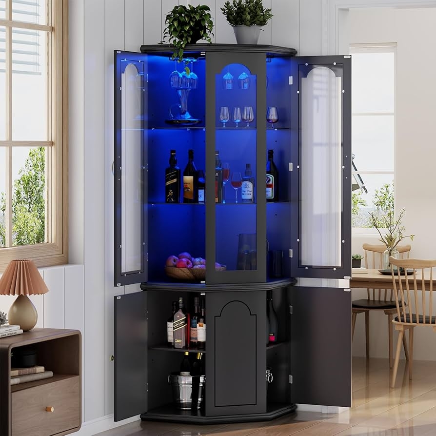 Corner Bar Cabinet with Blue LED Lighting Space Saving