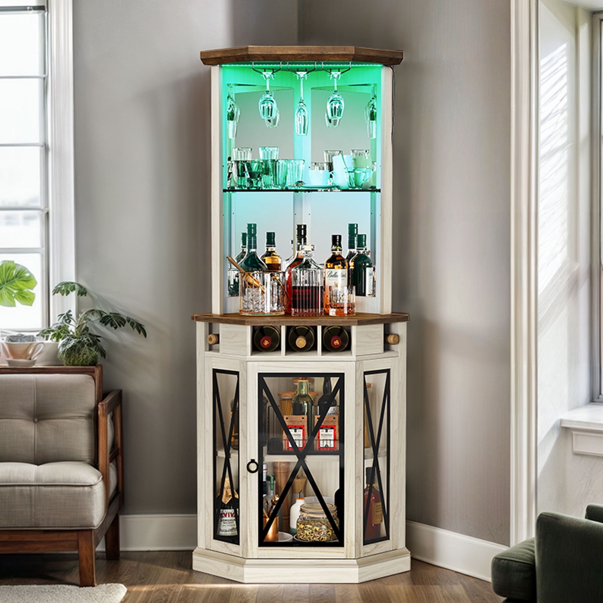 Corner Bar Cabinet with LED Backlighting and X Frame